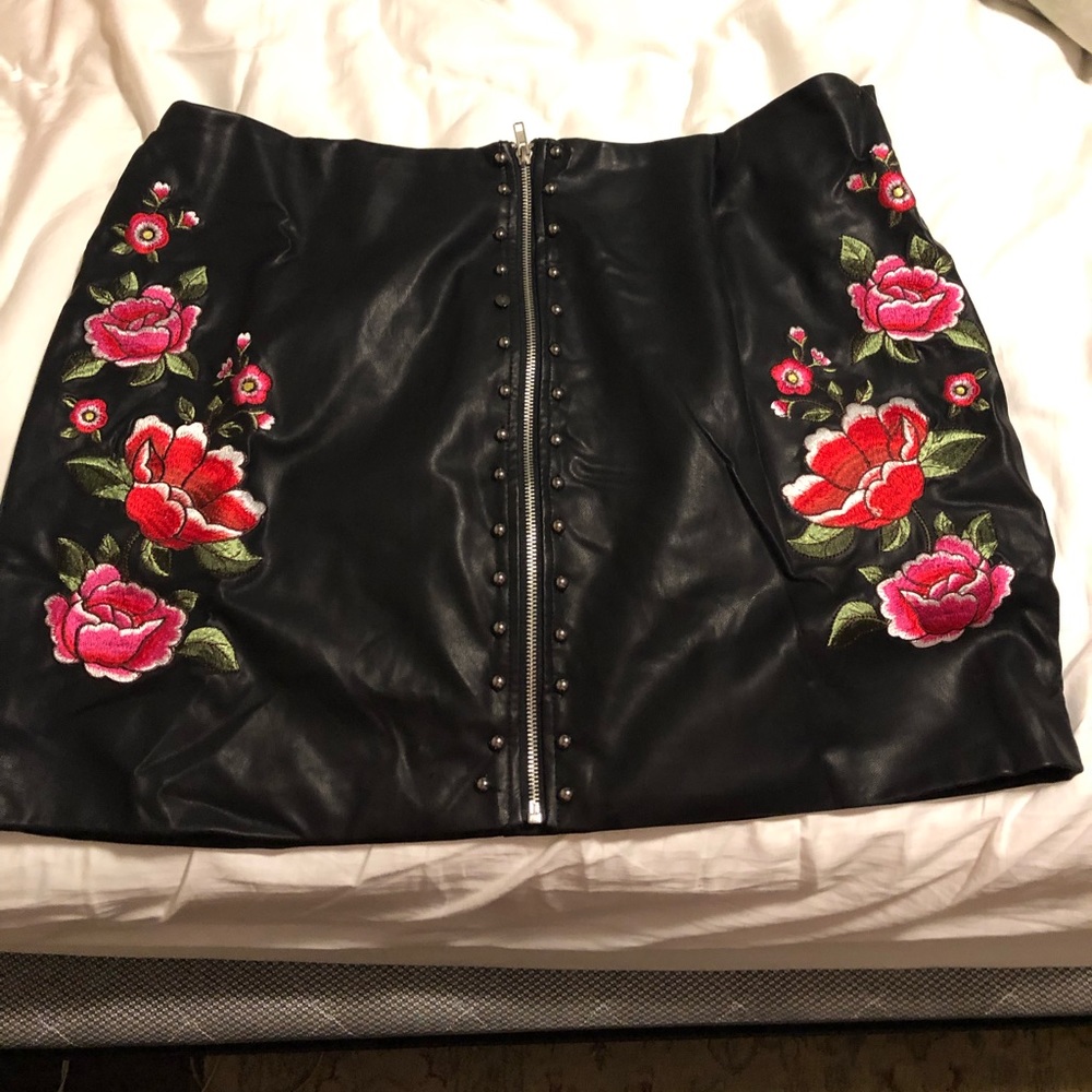 Faux Leather Embroidered Skirt